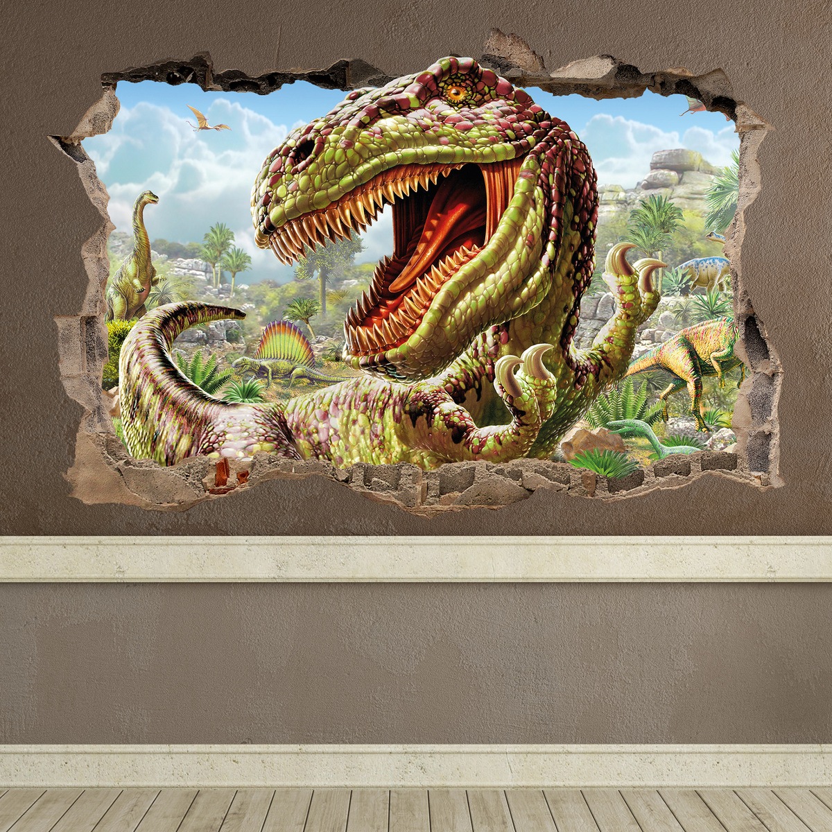 Adesivo murale trompe l'oeil buco muro dinosauro.