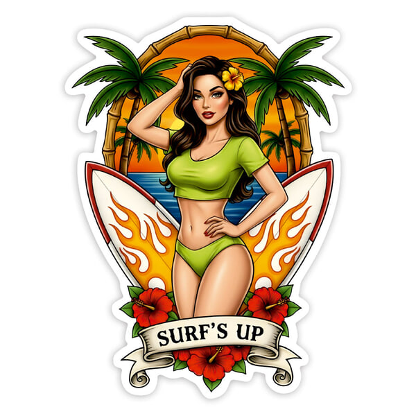 Adesivi per Auto e Moto: Surf’s Up Pin-Up Tropical