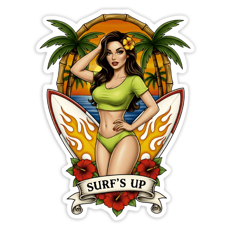 Adesivi per Auto e Moto: Surf’s Up Pin-Up Tropical
