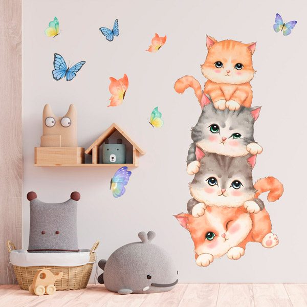 Adesivo murale bambini gatti e farfalle