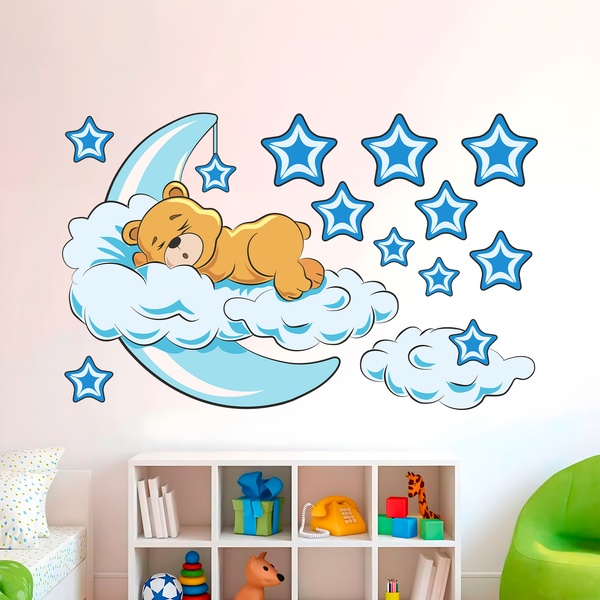 Graz Design Adesivo Murale Per Cameretta: Orsetto, Luna E Stelle, 84x64 Cm, Rimovibile