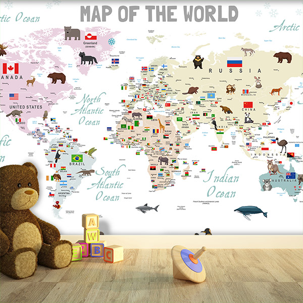 Fotomurali : Mappa del mondo per bambini con bandiere e animali 0