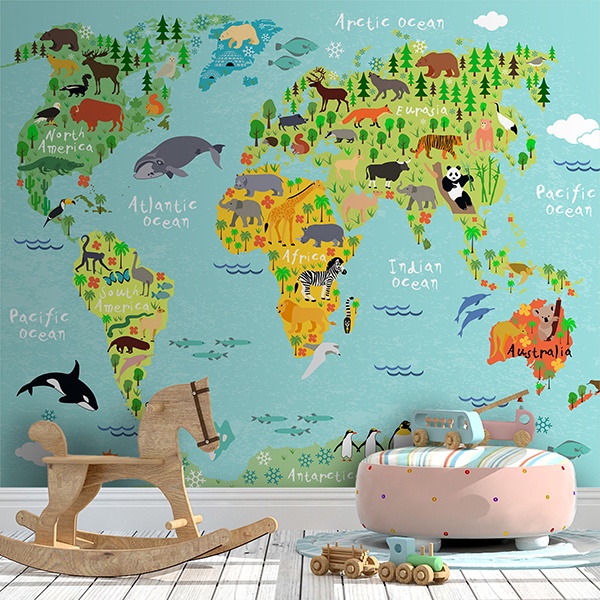 Fotomurali : Mappa del mondo continenti e animali per bambini 0
