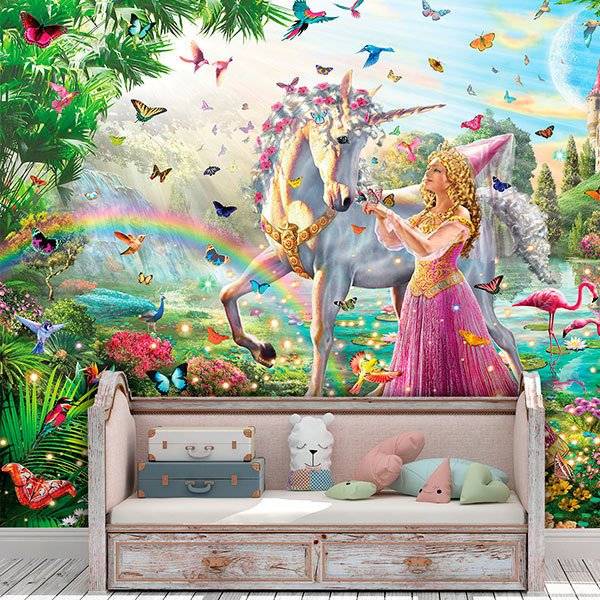 Fotomurali : Principessa e unicorno in un giardino magico 0