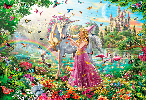 Fotomurali : Principessa e unicorno in un giardino magico