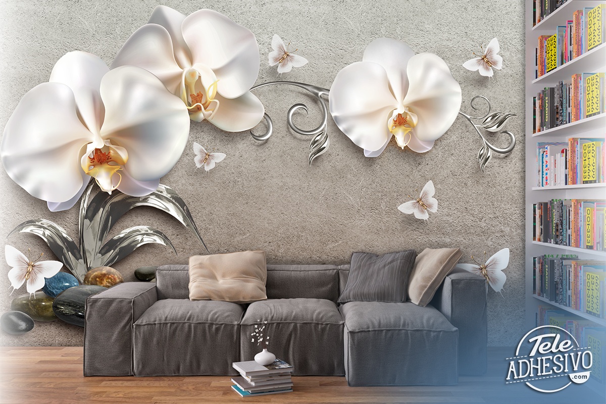 Fotomurali : Orchidee bianche e farfalle