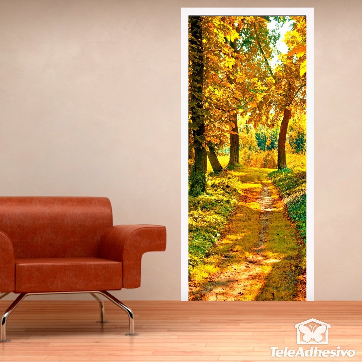 Adesivo murale porta percorso in bosco ad autunno. Adesivi per porte vetro