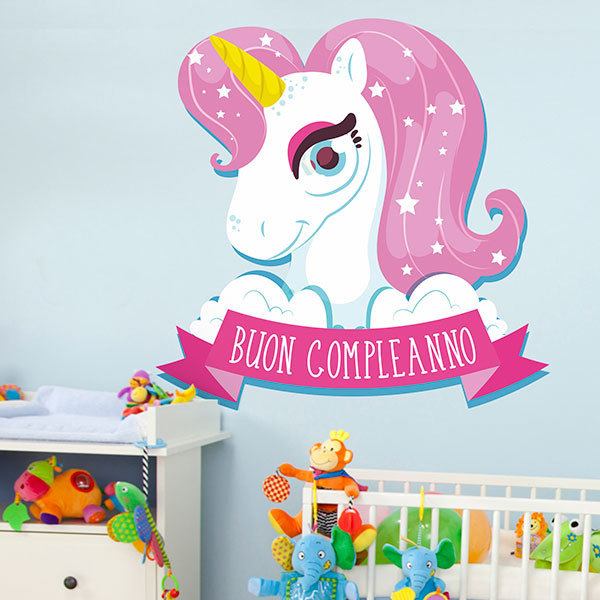 Adesivo murale Unicorno Buon Compleanno in italiano