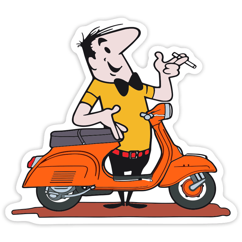 Adesivi per Auto e Moto: Uomo con Vespa Arancione Stile Cartoon