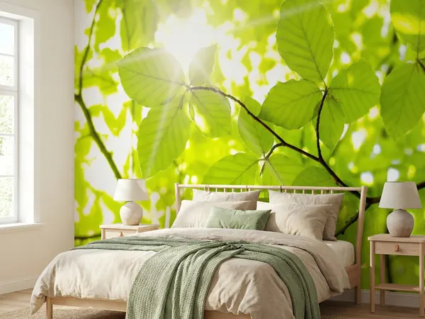 Fotomurale di foglie verdi in controluce in una camera da letto
