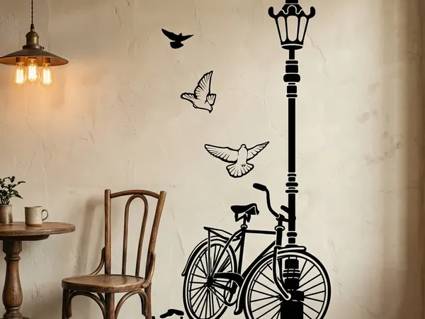 Adesivo murale bicicletta, lampione e colombe su una parete