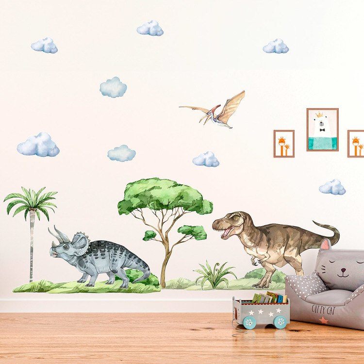 Adesivi per Bambini: Dinosauri all'avventura con nuvole, palma e albero