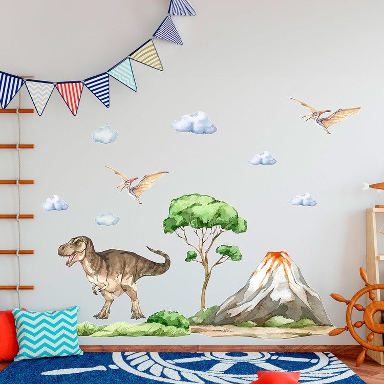 Dinosauri all'avventura con nuvole, palma e albero 3