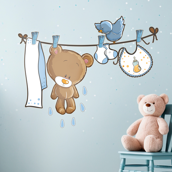 Adesivi per Bambini: Piccolo orso e uccellino sul bucato