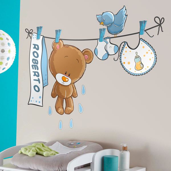 Adesivi per Bambini: Orsacchiotto clothesline blu e nome