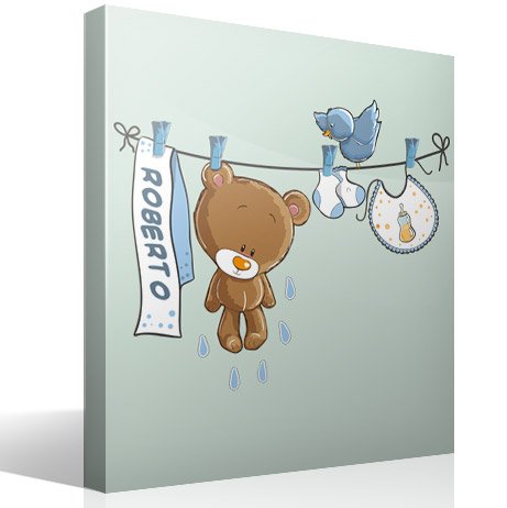 Adesivi per Bambini: Orsacchiotto clothesline blu e nome