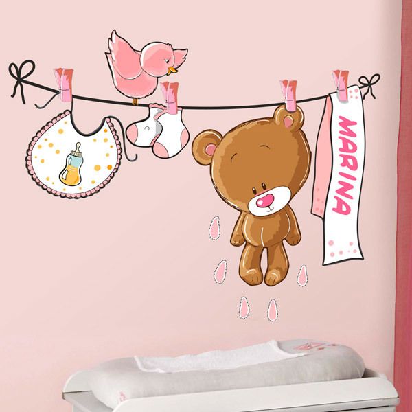 Adesivi per Bambini: Orsacchiotto clothesline rosa e nome