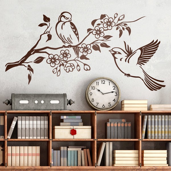 Adesivi Murali: Coppia di uccelli su un ramo e fiori