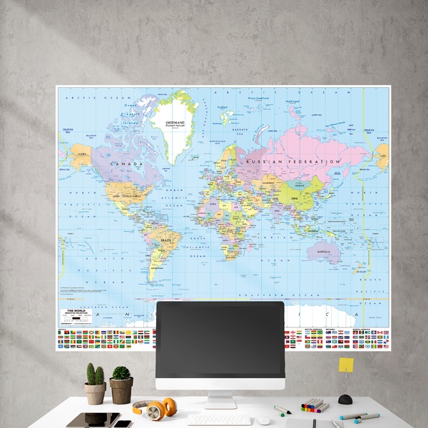 Adesivi Murali: Poster adesivo Mappa del mondo con bandiere