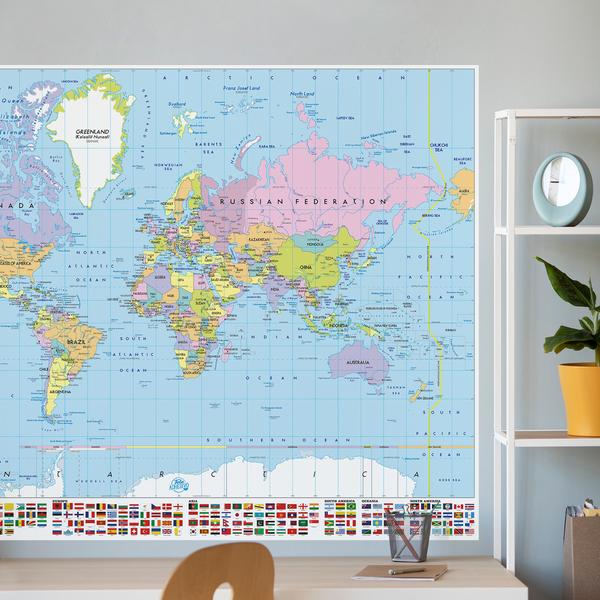 Adesivi Murali: Poster adesivo Mappa del mondo con le bandiere