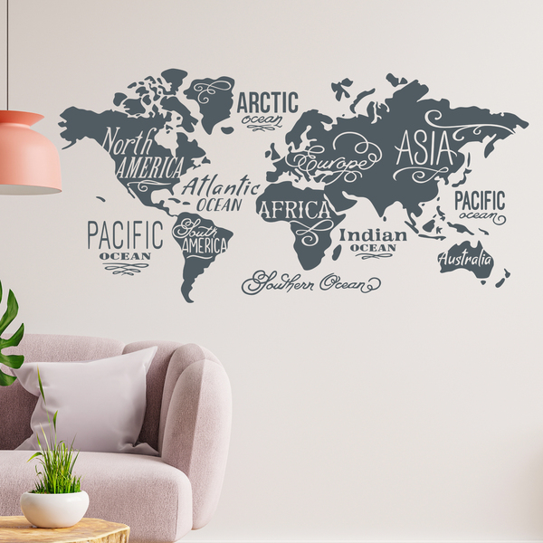 Adesivi Murali: Mappa Mundi Oceani e Continenti in inglese