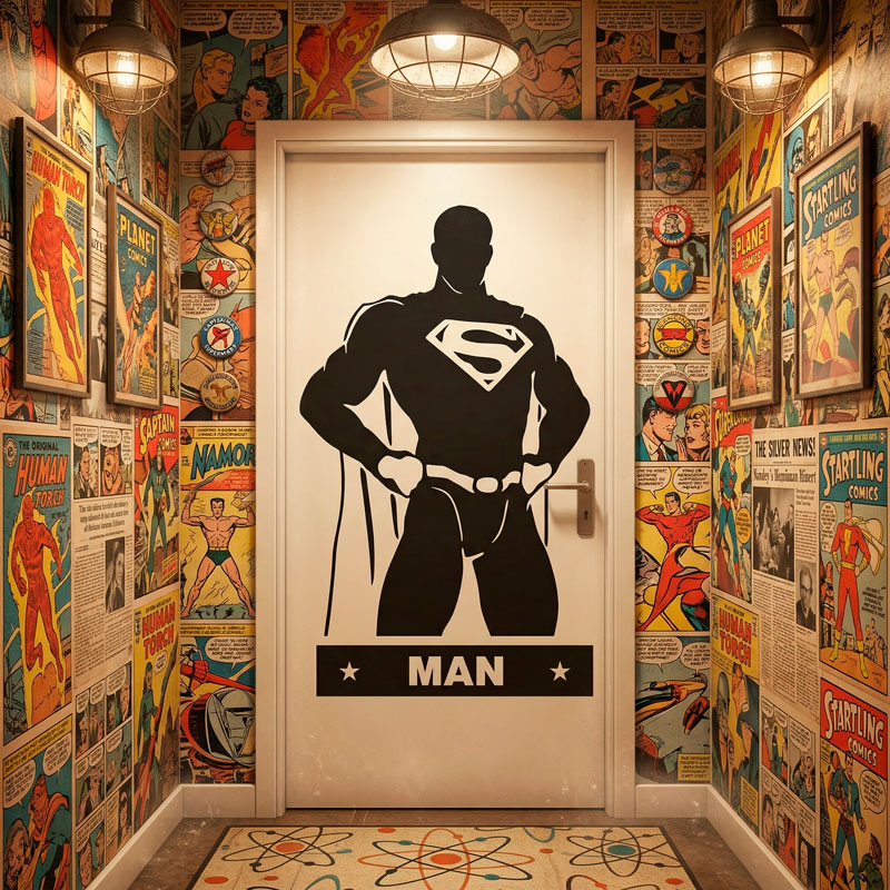 Adesivi Murali: Adesivo Porta Bagno Supereroe Uomo