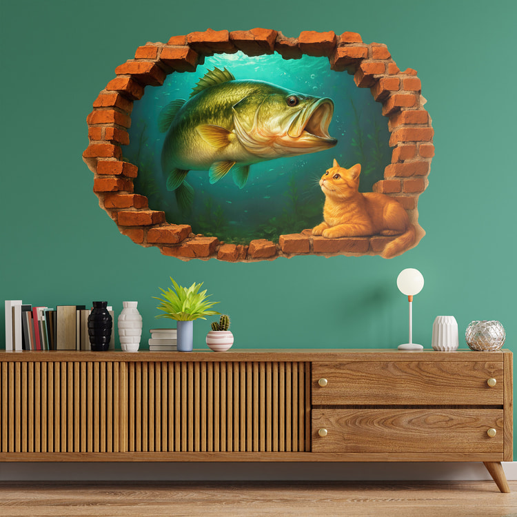 Adesivo 3D buco nel muro con pesce e gatto 1/1