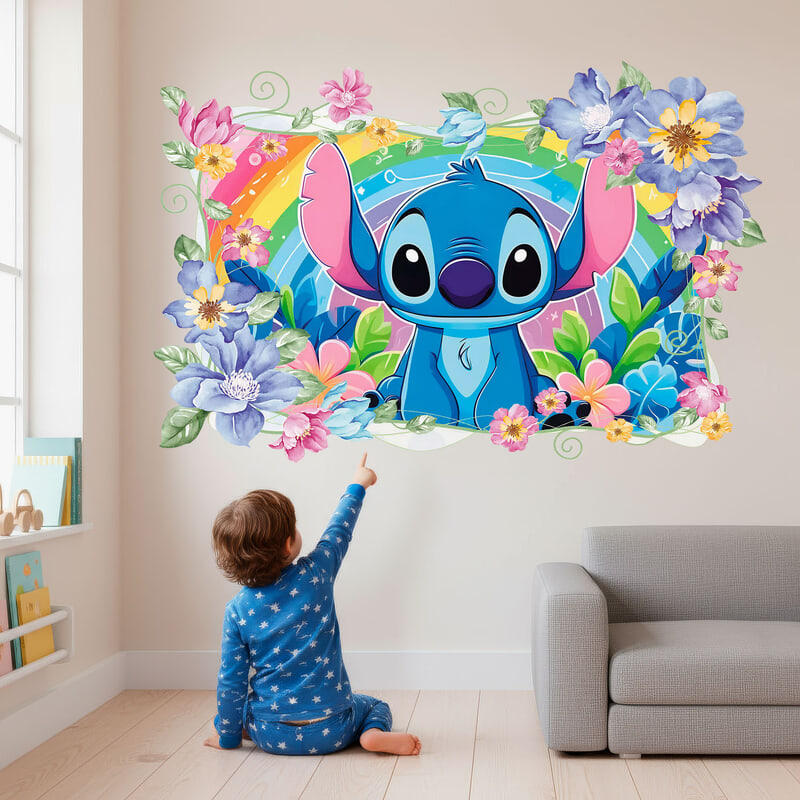 Adesivi per Bambini: Stitch arcobaleno floreale