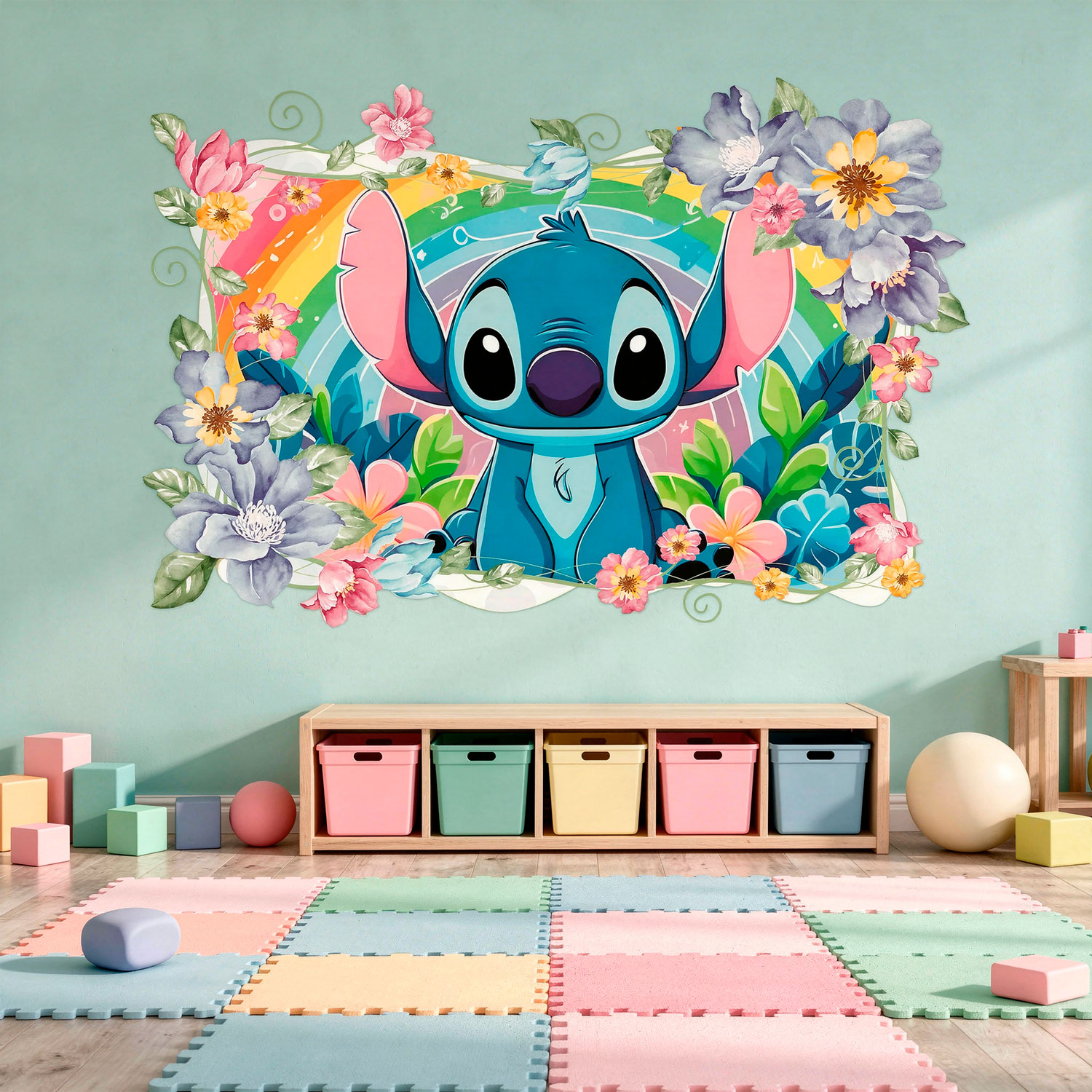 Adesivi per Bambini: Stitch arcobaleno floreale