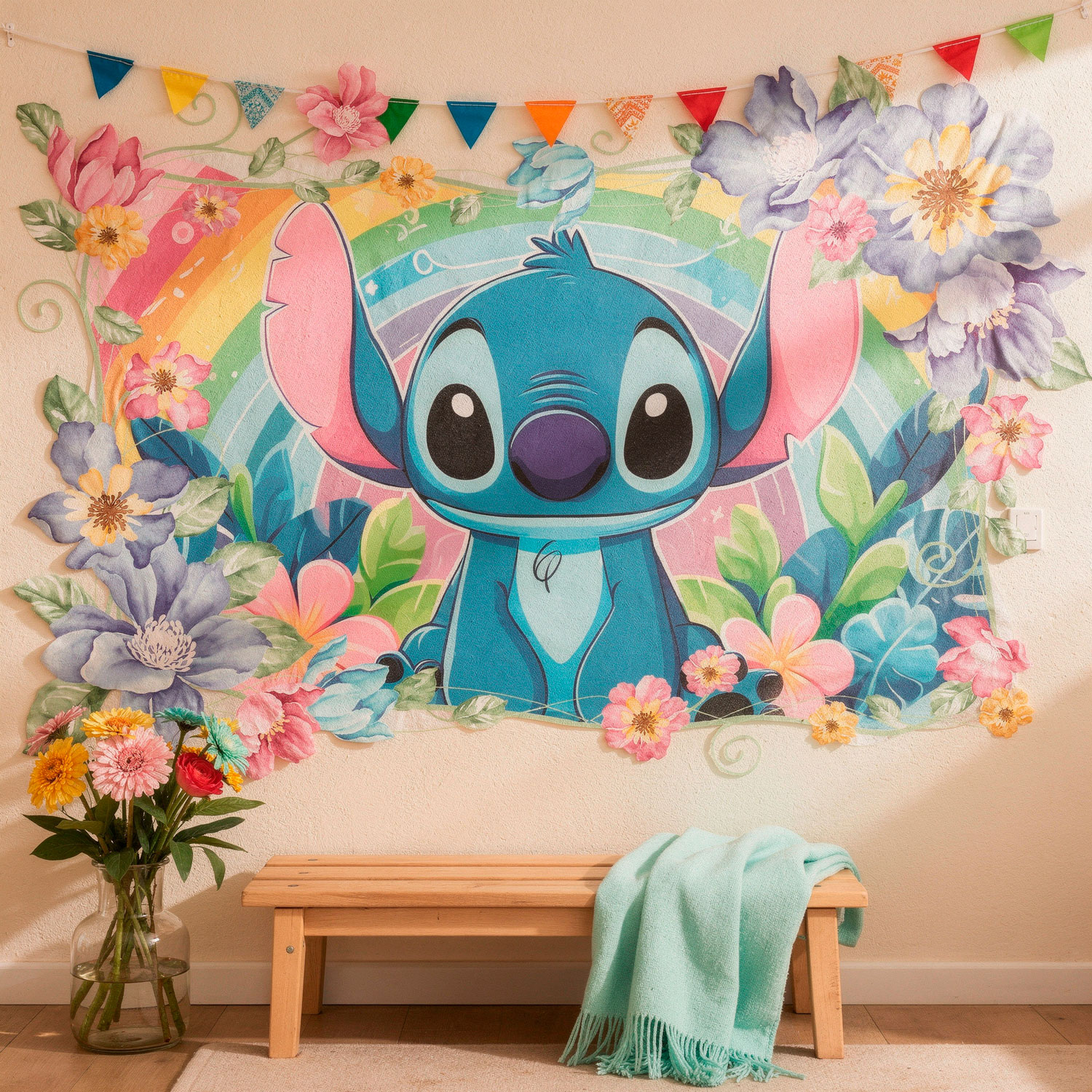 Adesivi per Bambini: Stitch arcobaleno floreale