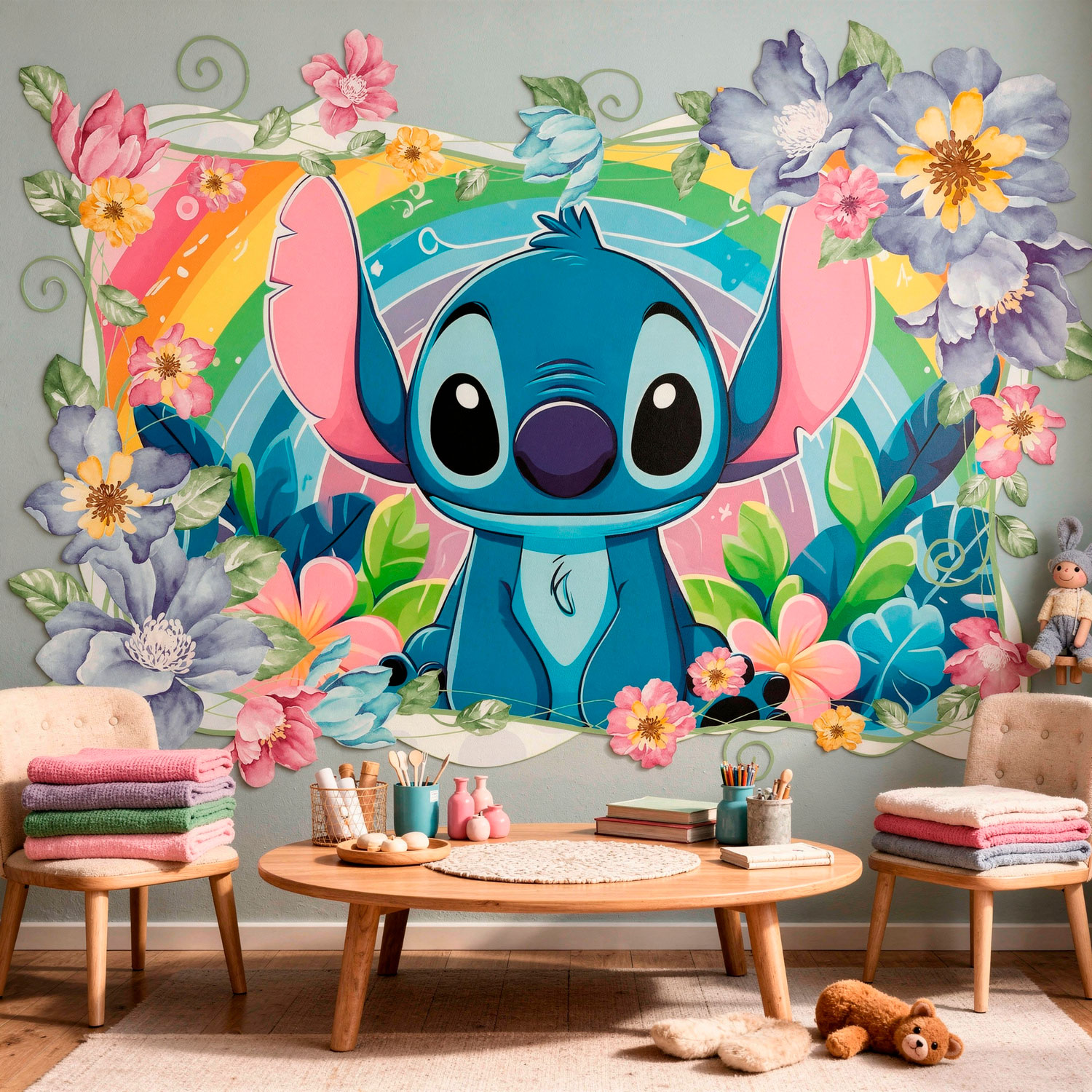 Adesivi per Bambini: Stitch arcobaleno floreale