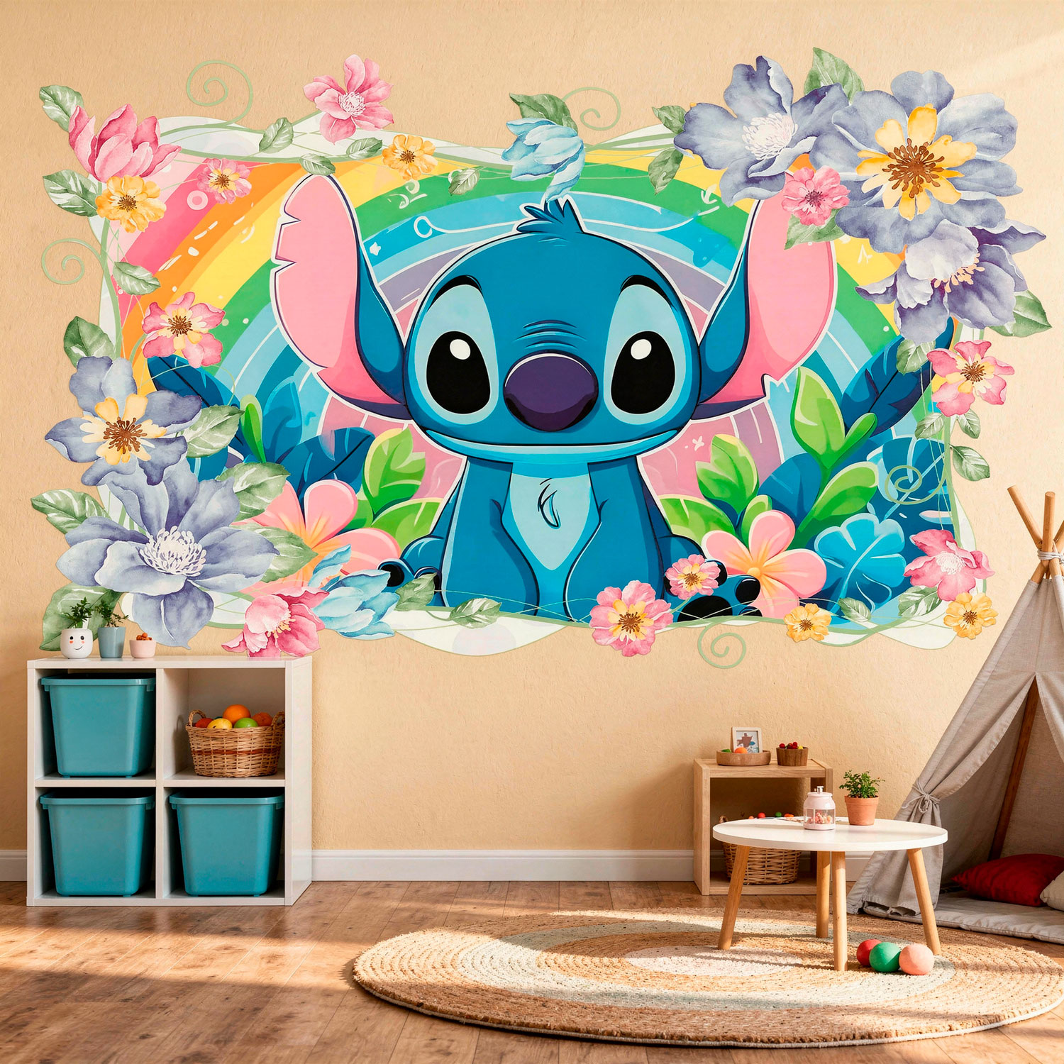 Adesivi per Bambini: Stitch arcobaleno floreale