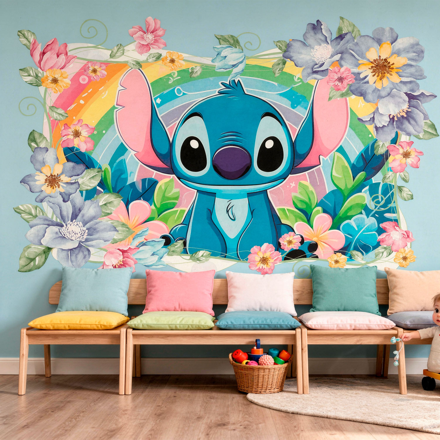 Adesivi per Bambini: Stitch arcobaleno floreale