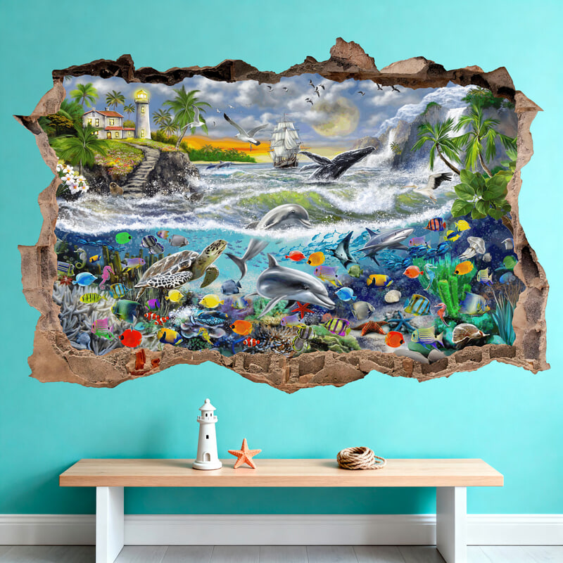 Adesivi Murali: Buco nel muro Faro e Mondo Marino