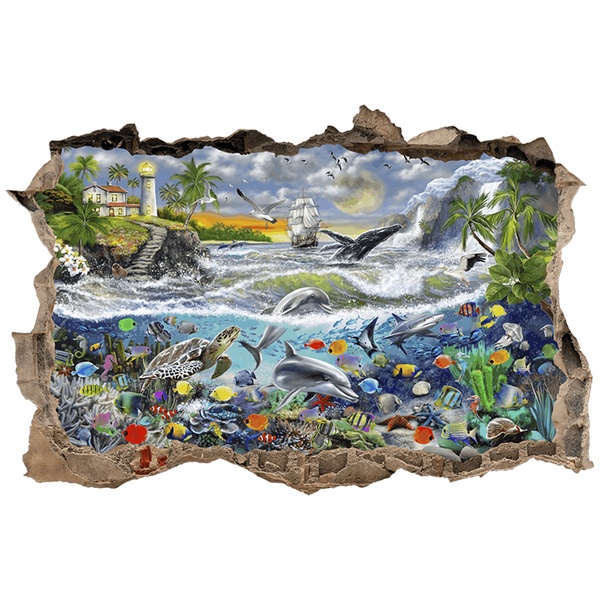 Adesivi Murali: Buco nel muro Faro e Mondo Marino