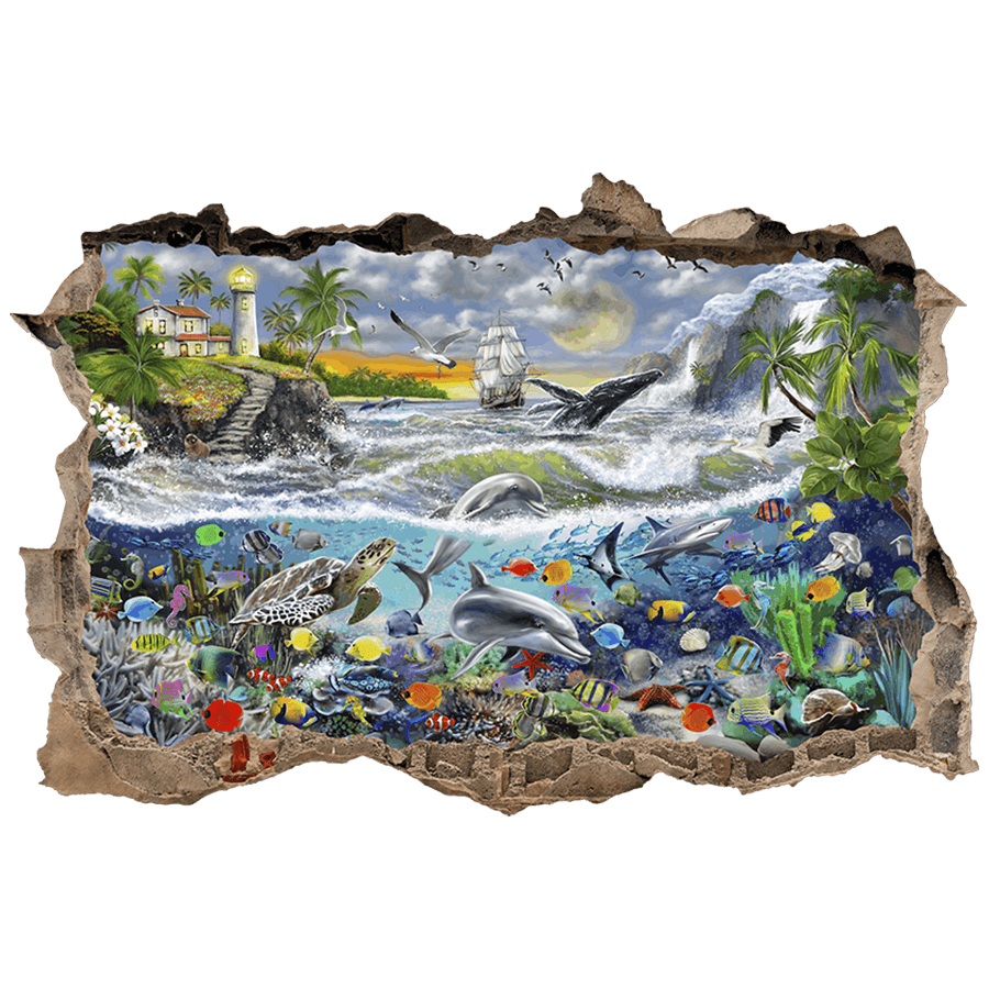 Adesivi Murali: Buco nel muro Faro e Mondo Marino