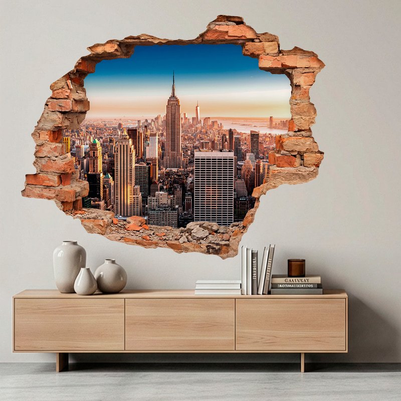 Adesivi Murali: Buco nel muro Skyline di New York al tramonto
