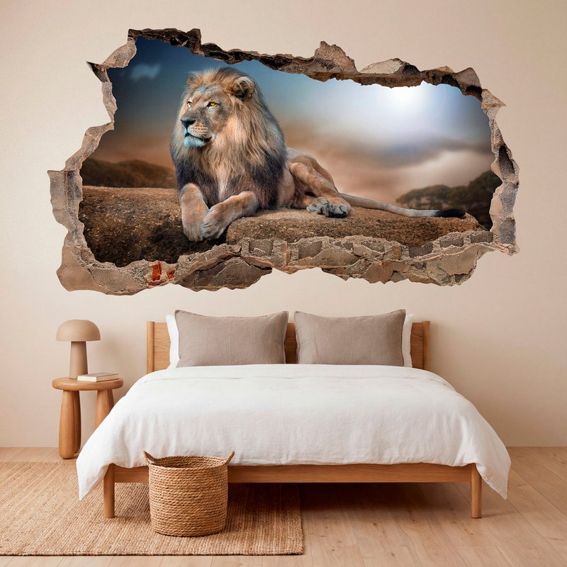 Adesivi Murali: Buco nel Muro Leone sulla roccia