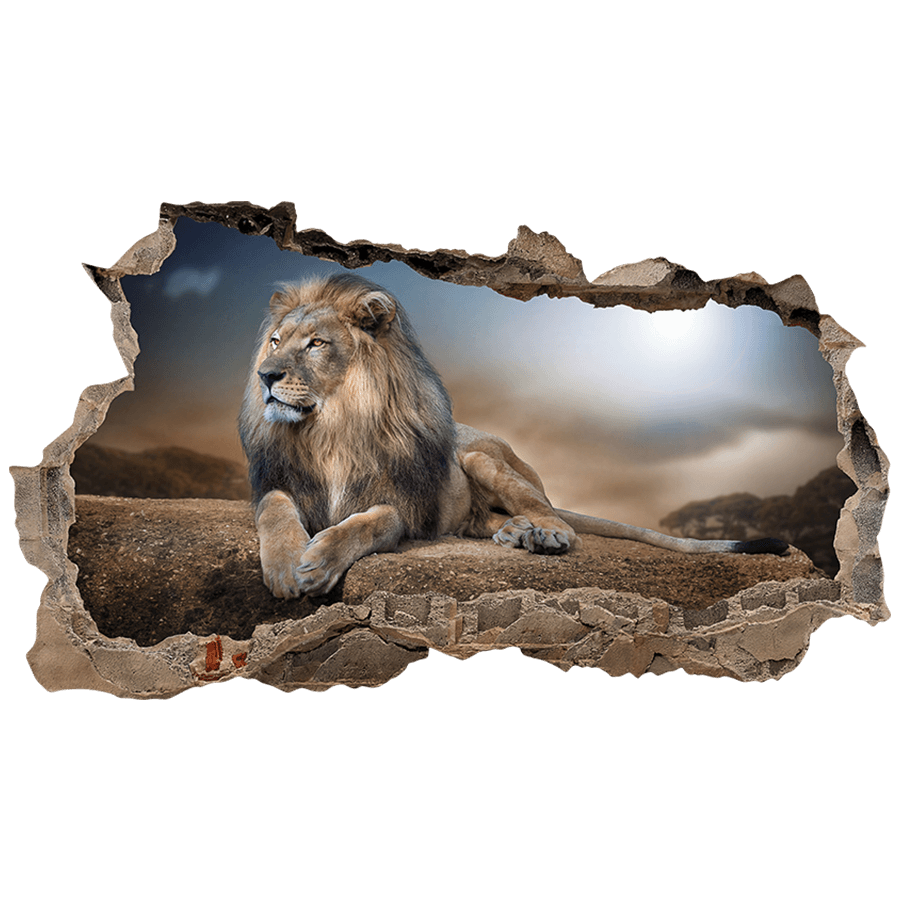 Adesivi Murali: Buco nel Muro Leone sulla roccia