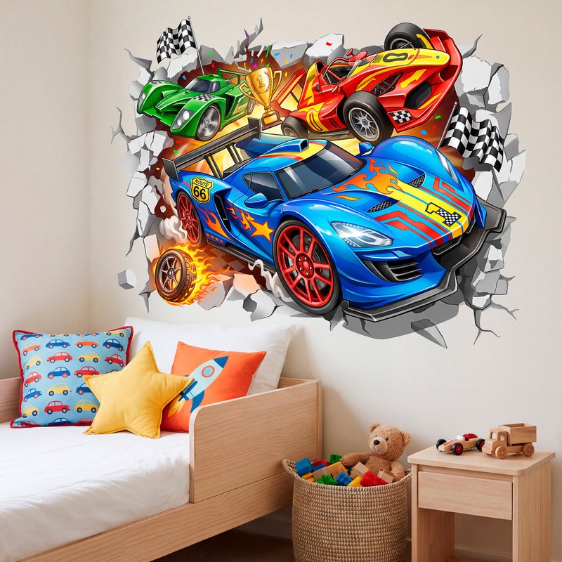 Adesivi per Bambini: Buco nel Muro Auto da corsa con trofeo del campion