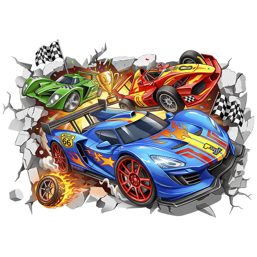 Adesivi per Bambini: Buco nel Muro Auto da corsa con trofeo del campion
