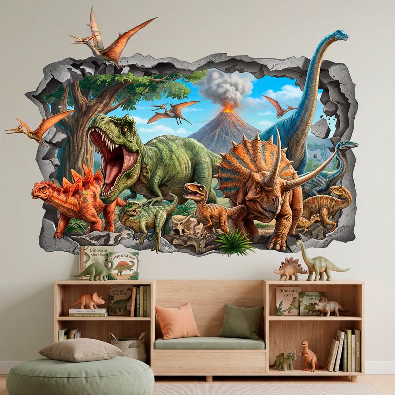 Adesivi per Bambini: Buco nel Muro con T-Rex, Branco di Dinosauri e Vul