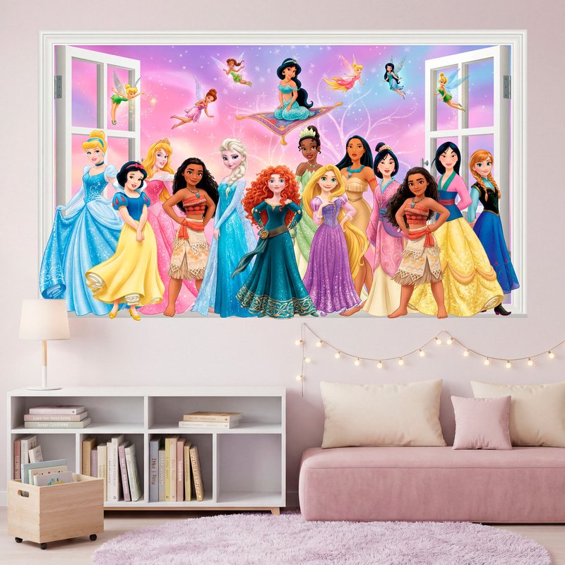 Adesivi per Bambini: Finestra sulle principesse Disney con fatine