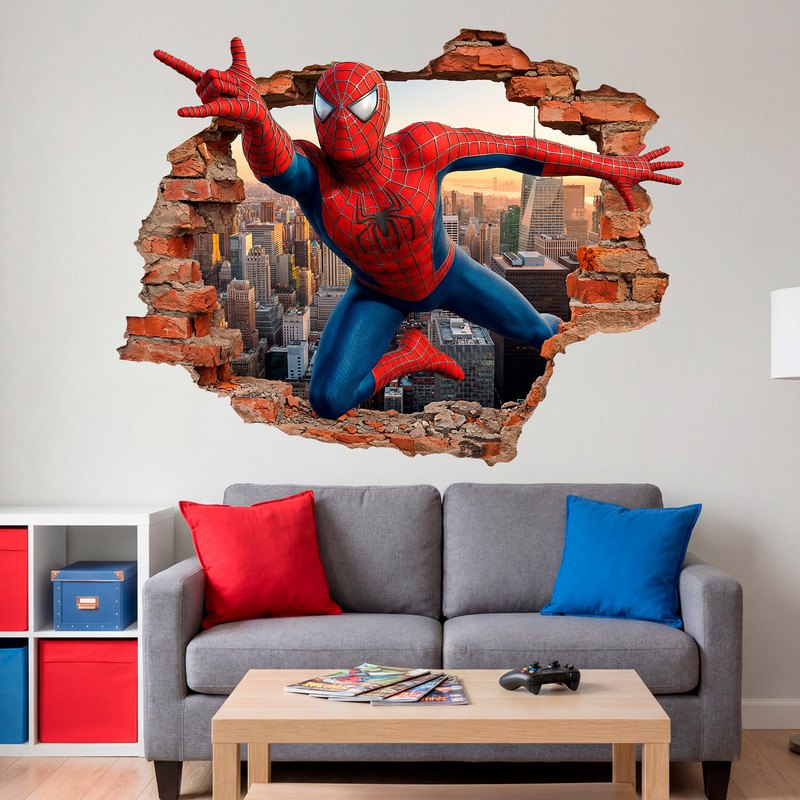 Adesivi per Bambini: Buco nel Muro Spider-Man sopra la città