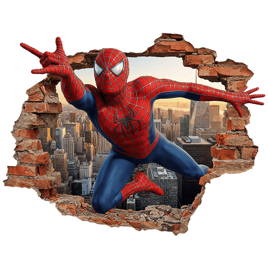 Adesivi per Bambini: Buco nel Muro Spider-Man sopra la citt&agrave;