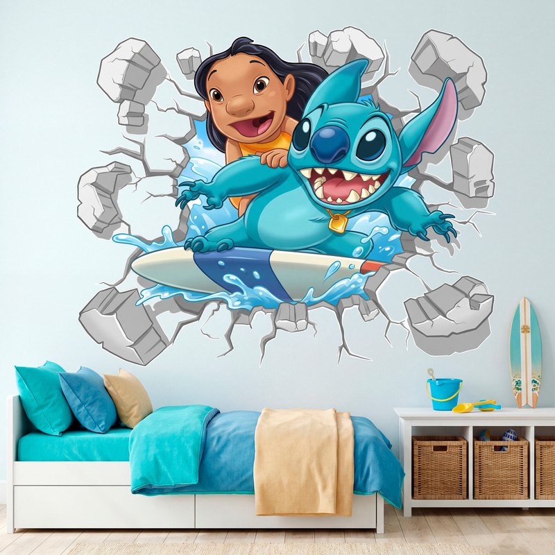 Adesivi per Bambini: Buco nel Muro Lilo & Stitch sulla tavola da surf