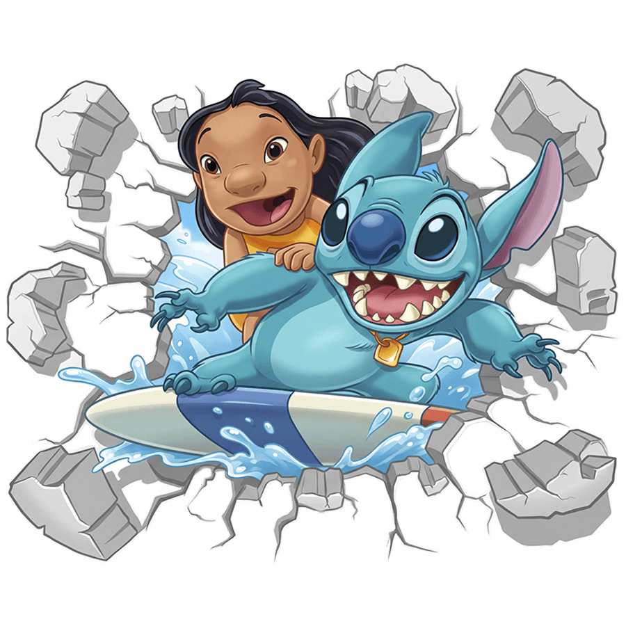 Adesivi per Bambini: Buco nel Muro Lilo & Stitch sulla tavola da surf