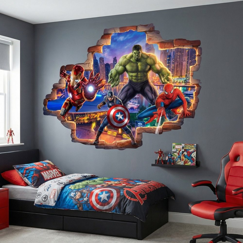 Adesivi per Bambini: Foro Muro Eroi Marvel in Azione