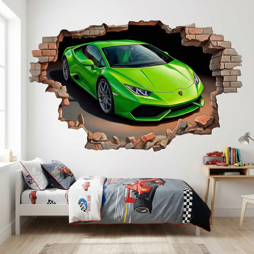 Adesivi Murali: Foro nel Muro Lamborghini Sportiva Verde