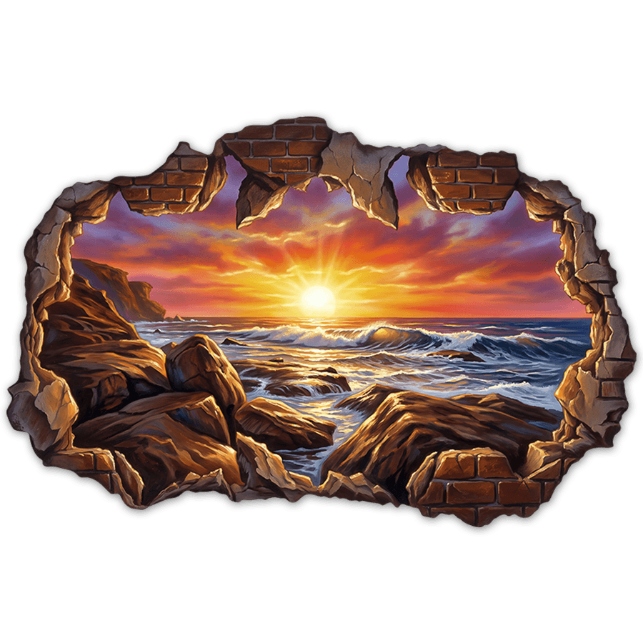 Adesivi Murali: Buco nel Muro Tramonto sulla Costa Rocciosa